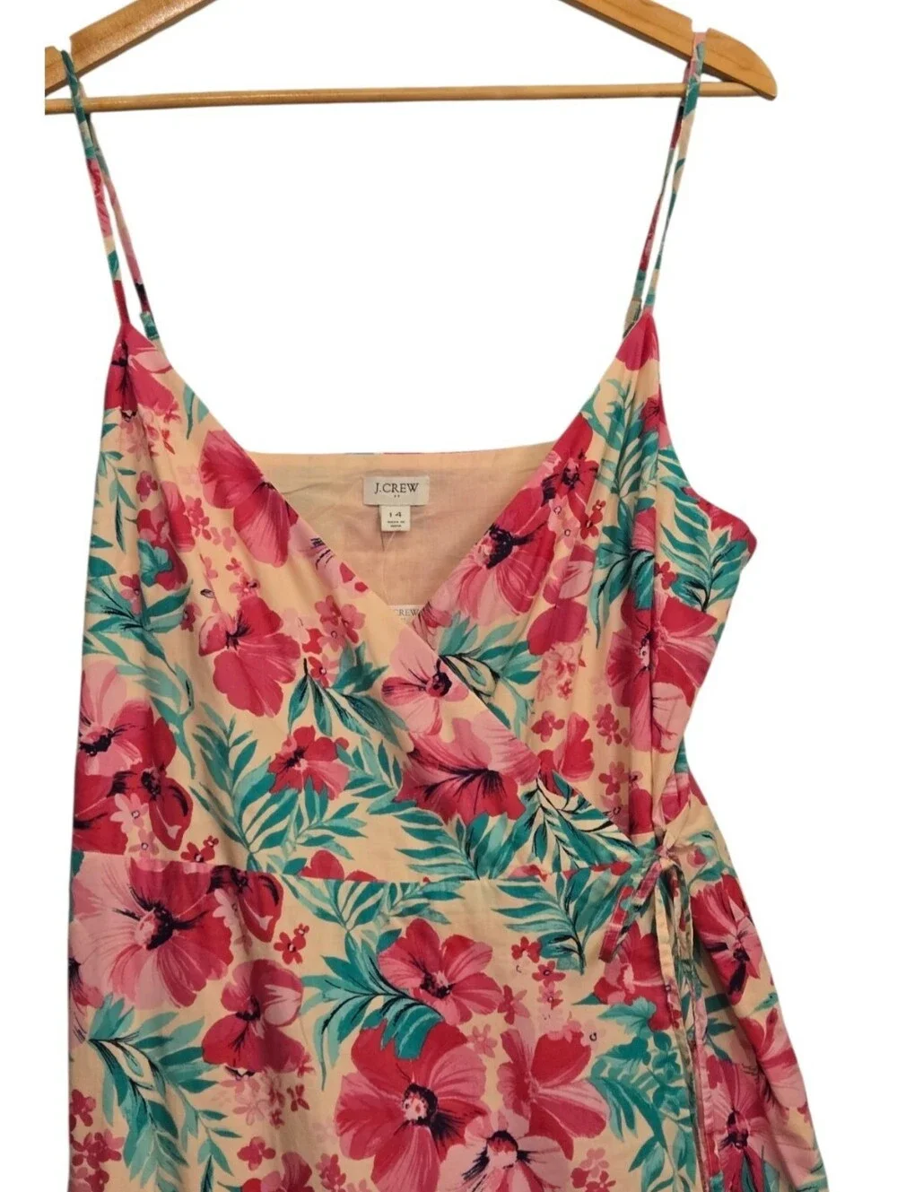 J. Crew Pink Floral Midi Wrap Dress Green Leaves Tropical Classic Size 14 NWT
